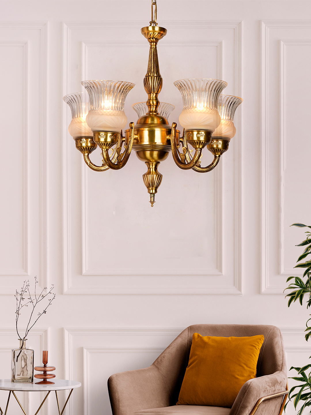 Usha 5 Light Antique Brass Chandelier with Frosted Glass Shades, Traditional Design