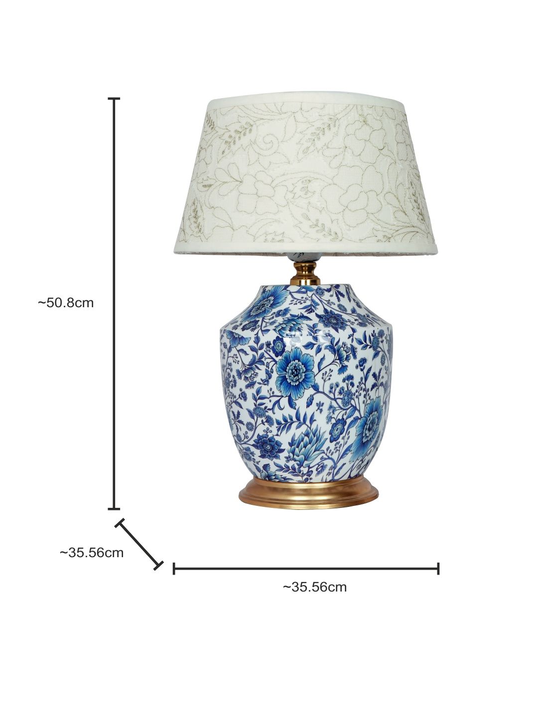 Artisanal Blue Pottery Print Table Lamp with Pastel Green Embroidered Shade