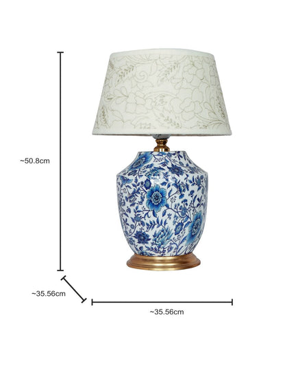 Artisanal Blue Pottery Print Table Lamp with Pastel Green Embroidered Shade