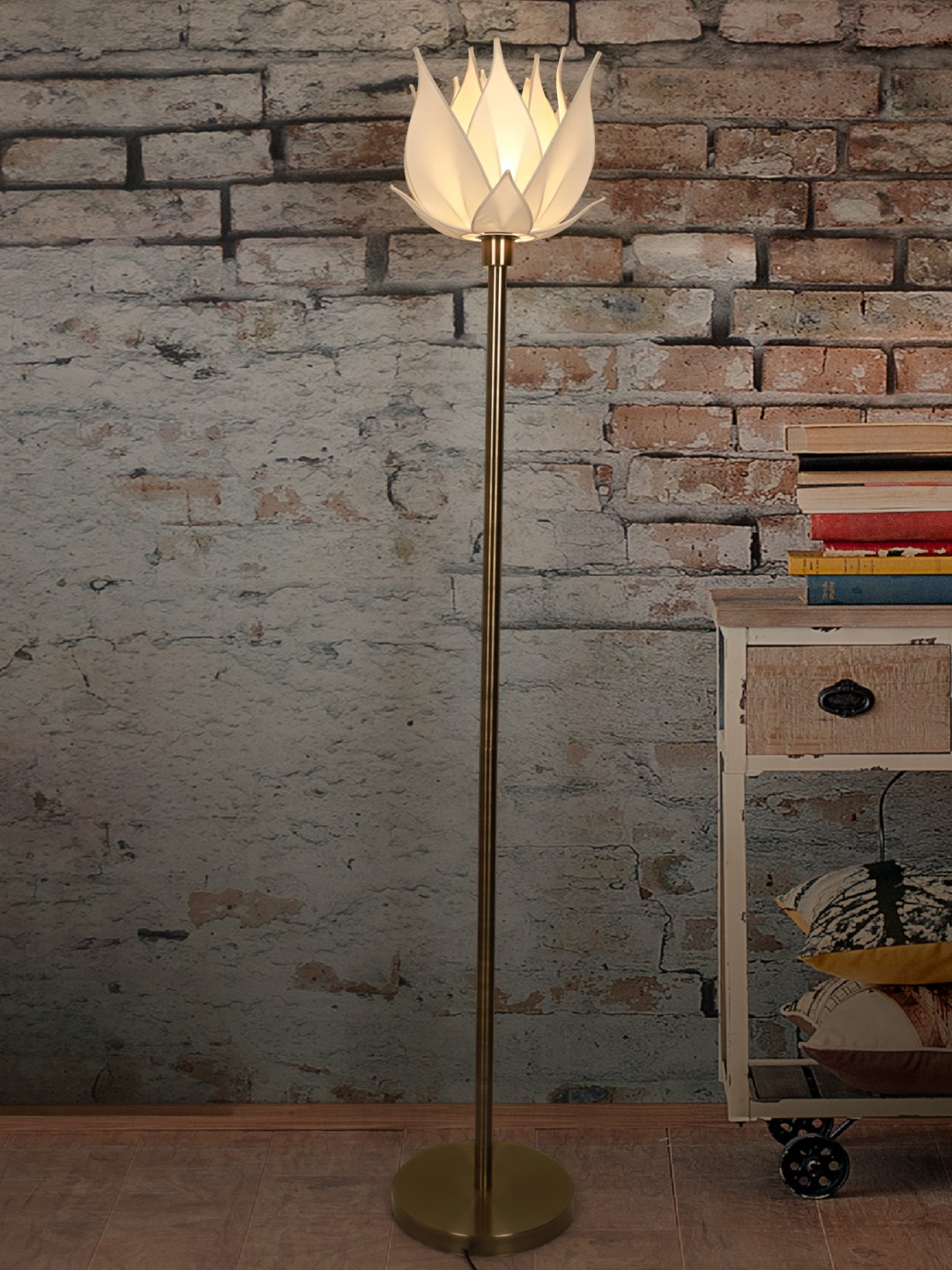 Auspicious Ivory Blooming Lotus Antique Brass Floor Lamp