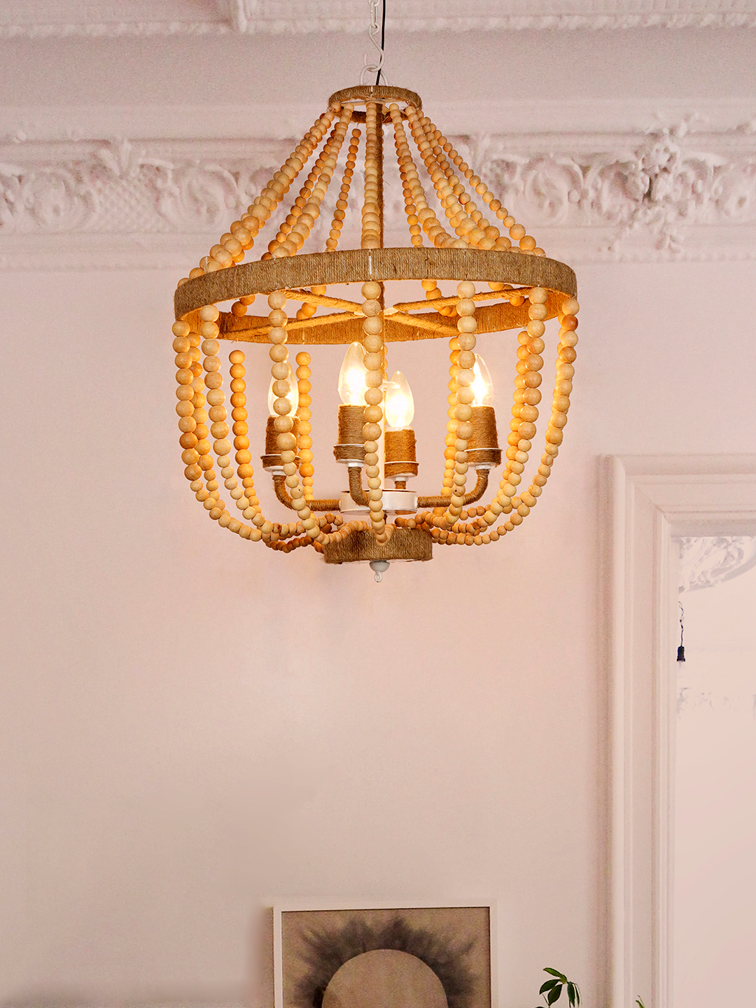 Bohemian Natural Wood Bead Empire Chandelier | Jute Wrapped 4-Light Fixture
