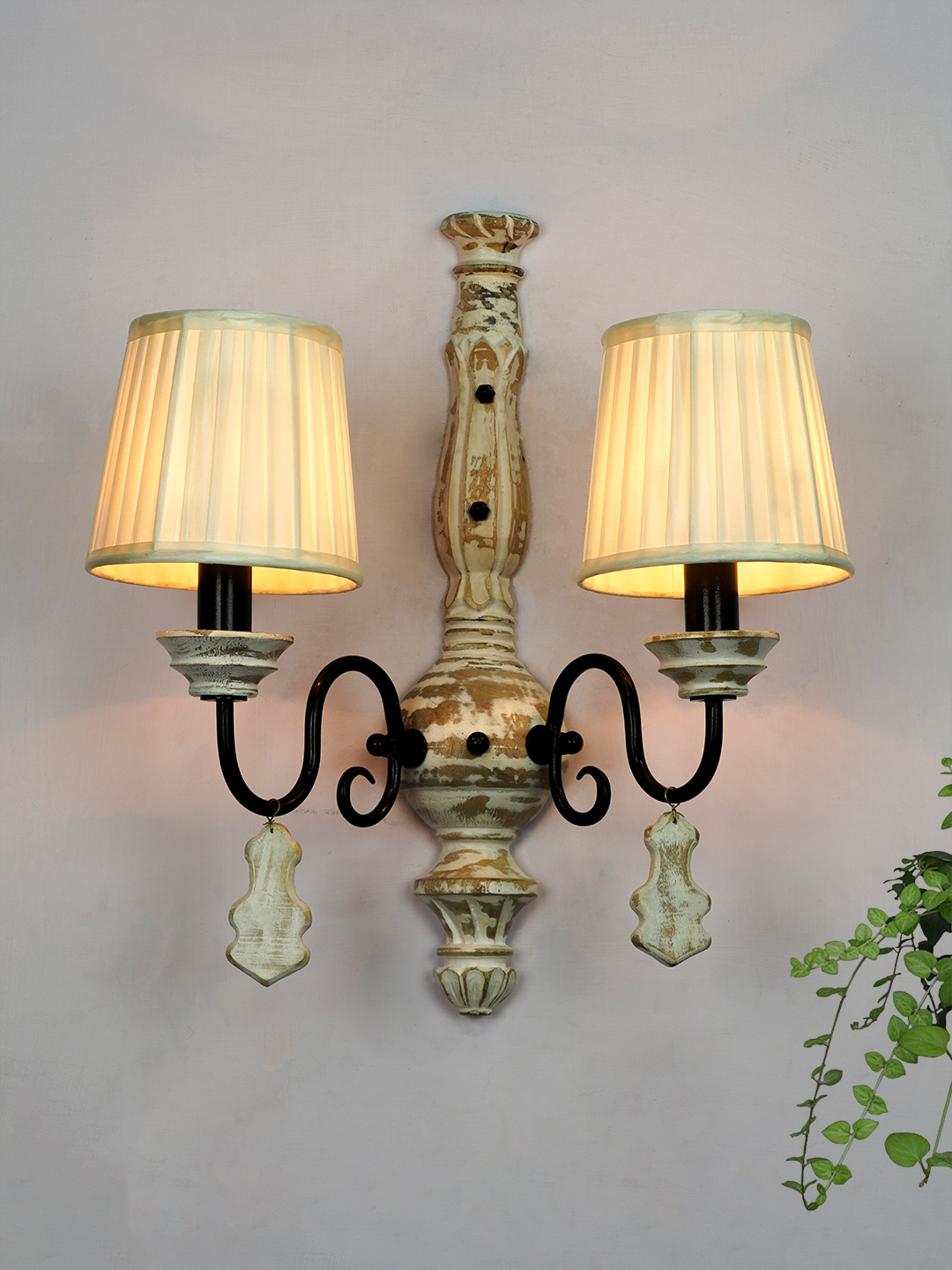 Elegant French White Distressed Wooden Rustic Double Candelabra Wall Sconce with Pleated Shades