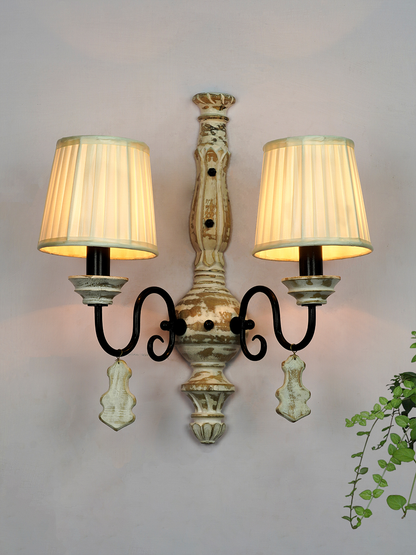 Elegant French White Distressed Wooden Rustic Double Candelabra Wall Sconce with Pleated Shades