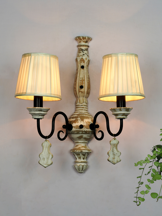Elegant French White Distressed Wooden Rustic Double Candelabra Wall Sconce with Pleated Shades