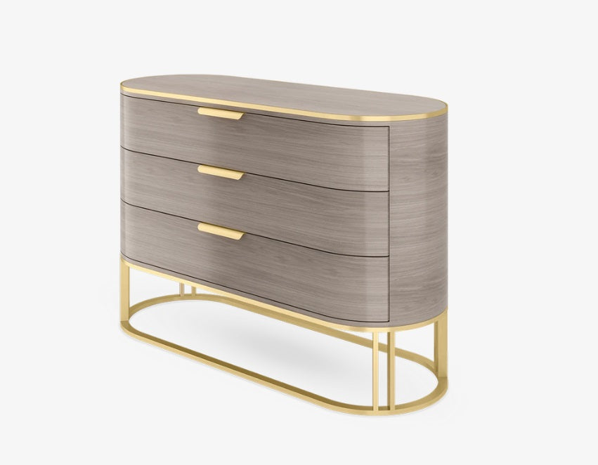 Elegant New York Curved High-Gloss Veneer Chest of 3 Drawers with Brass Accents