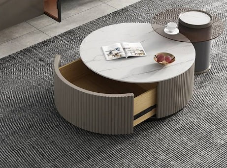JLO Modern Coffee Table Set of 2: White Marble Top, Steel Legs, Wood Finish