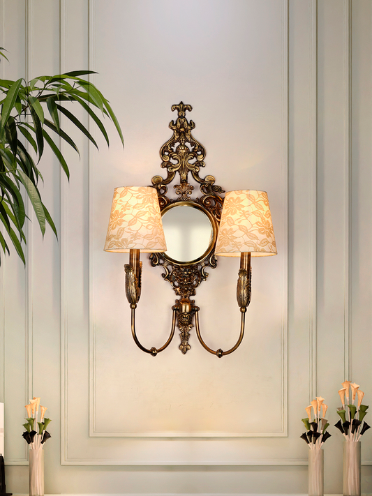 Opulent Vintage Antique Brass Wall Lamp with Mirror and Dual Lace Shades