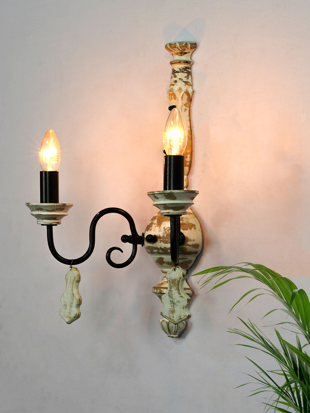 Chic French White Distressed Wooden 2-Light Rustic Candelabra Wall Sconce