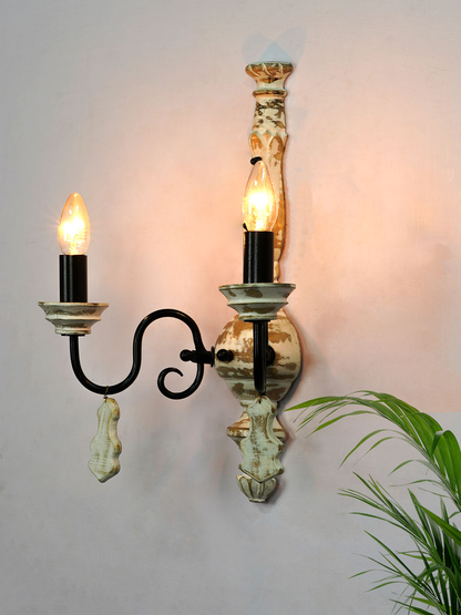 Chic French White Distressed Wooden 2-Light Rustic Candelabra Wall Sconce