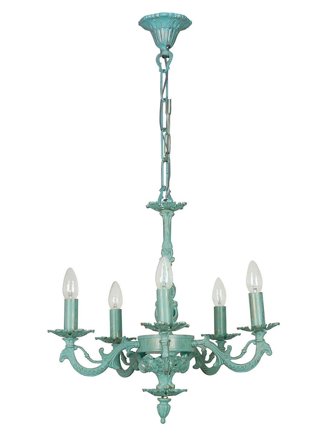 Antique Distressed Green Cast Aluminium 5-Light Candelabra Chandelier for Grand Spaces