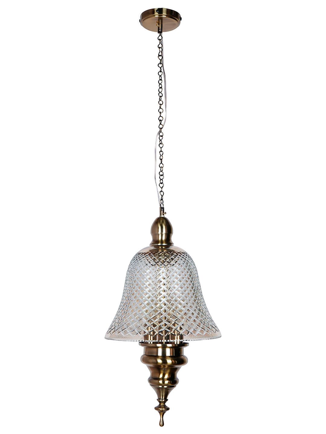 Elegant Antique Brass 3-Light Bell Pendant with Golden Cut Glass Shade