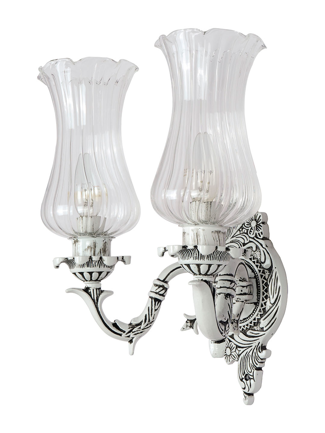 Elegant Traditional Swan Double Wall Lamp, Antique White Cast Aluminium, Fluted Glass
