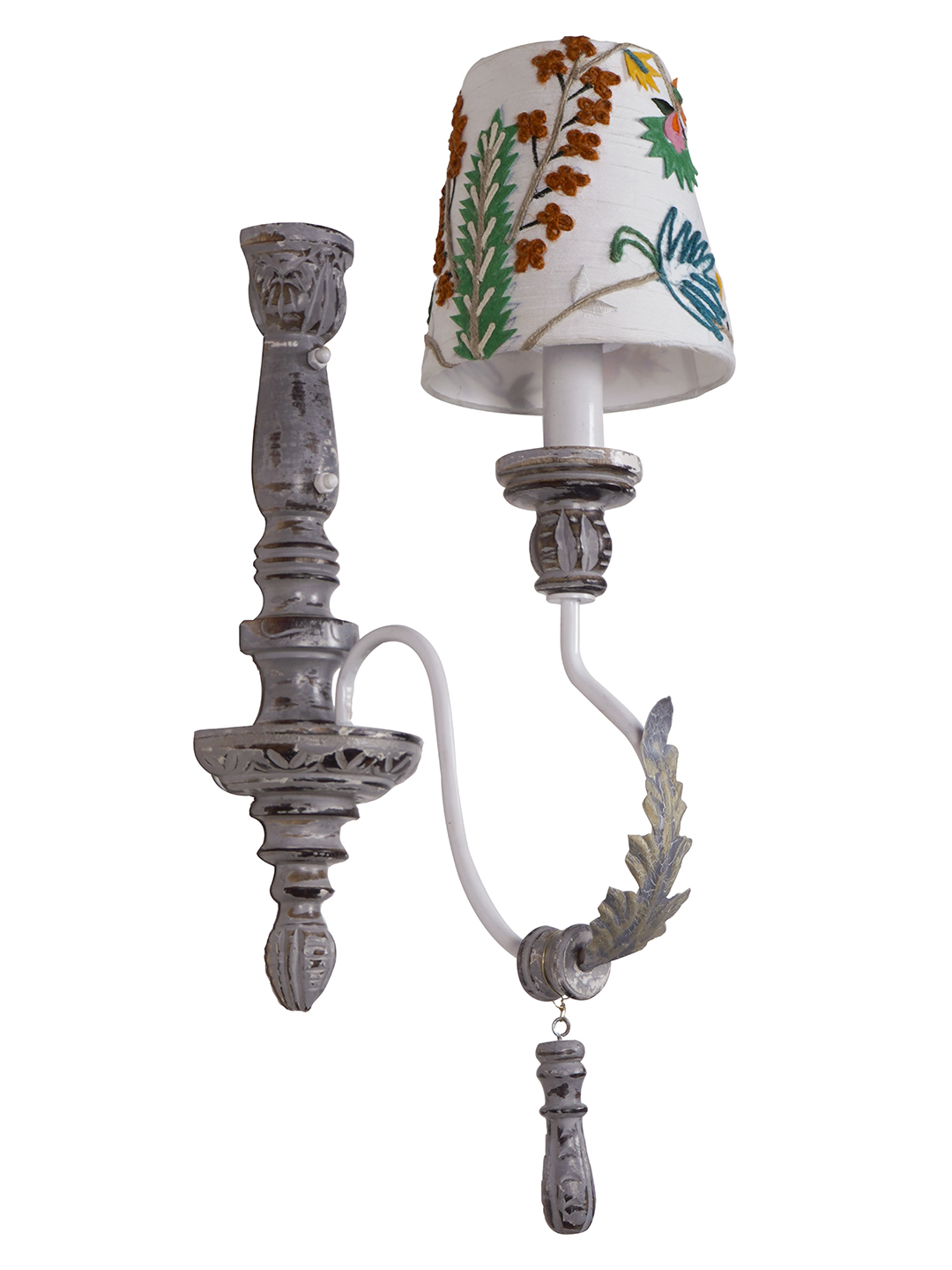 Parisian Distressed Grey Single Light Wooden Wall Sconce with Dainty Embroidered Shades