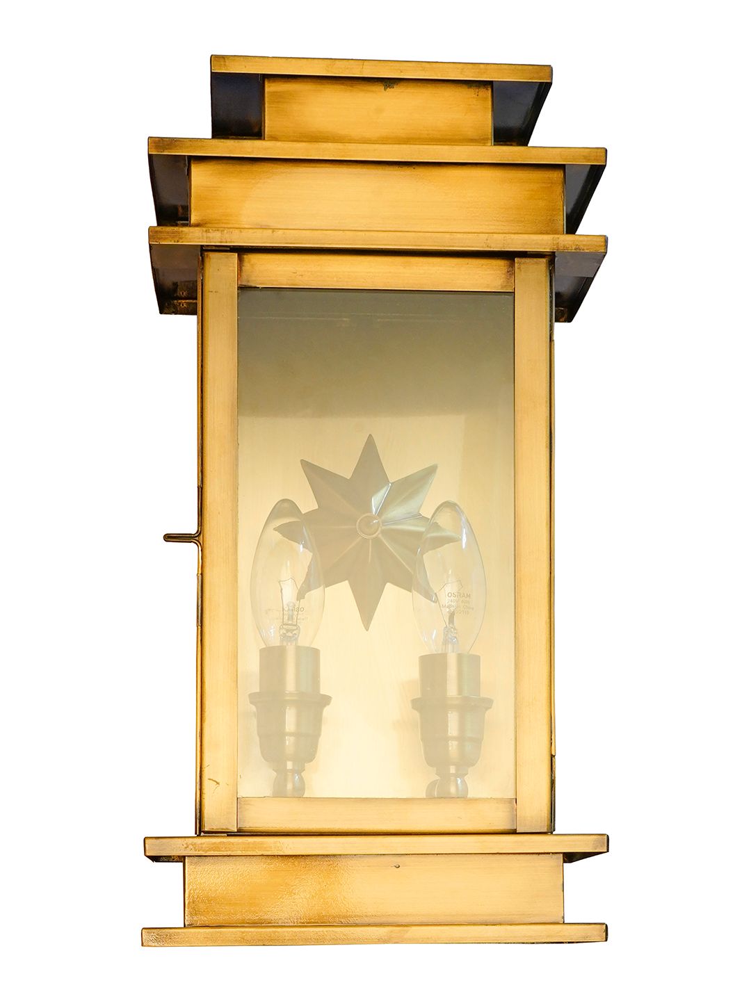 Elegant Antique Brass Art Deco Star Rectangular Wall Sconce with Glass Panels