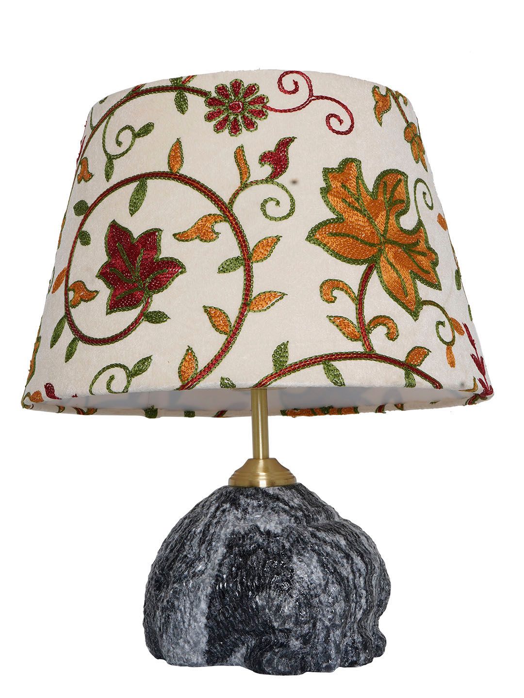 Exquisite Raw Black Marble Table Lamp with Intricate Kashmiri Embroidered Velvet Shade