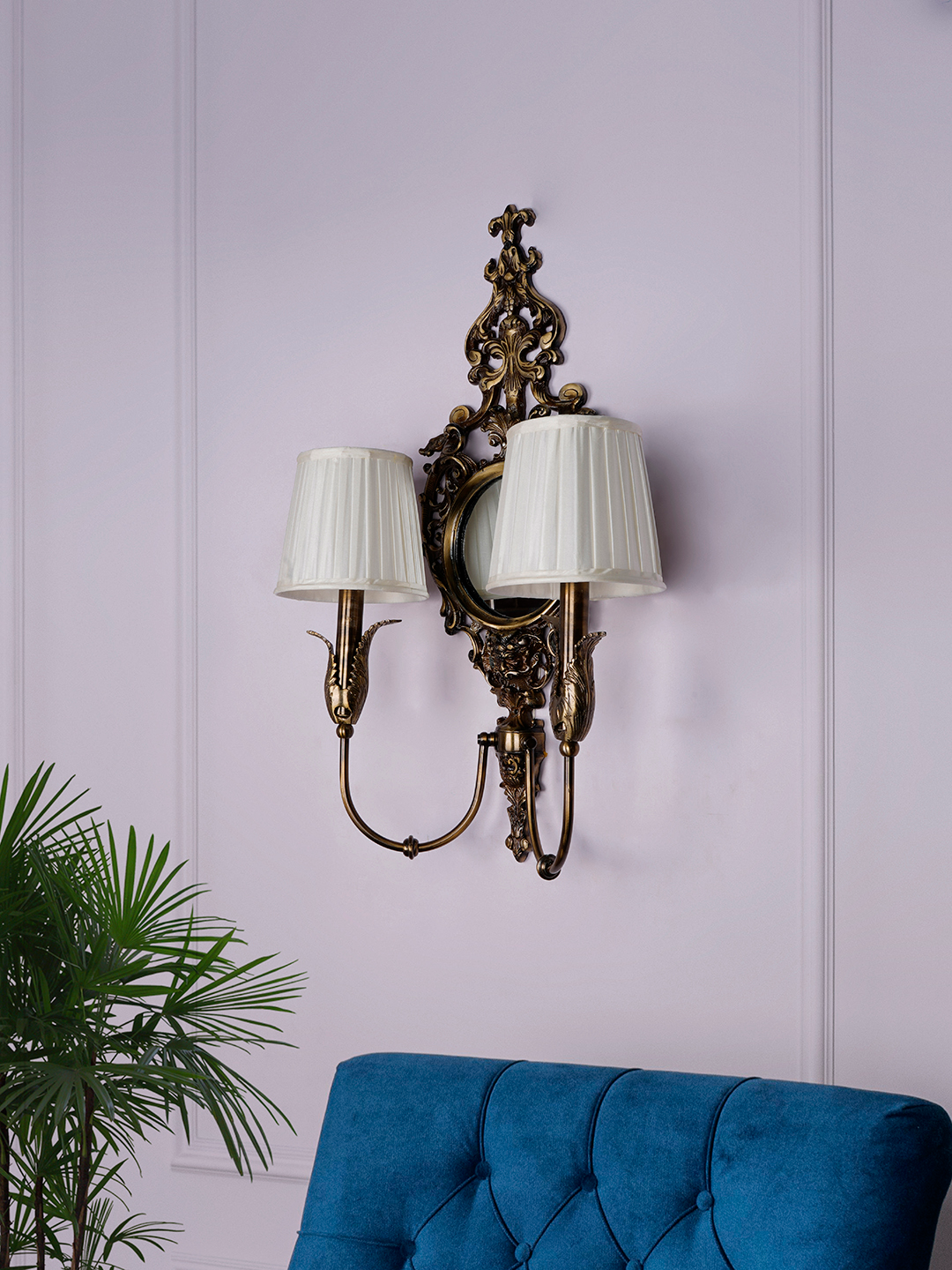 Opulent Antique Brass Wall Lamp with Mirror, Pleated Chiffon Shades