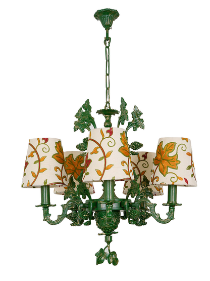 Elegant 5-Light Candelabra Chandelier: Hand-Embroidered Kashida Velvet Shades, Green Finish