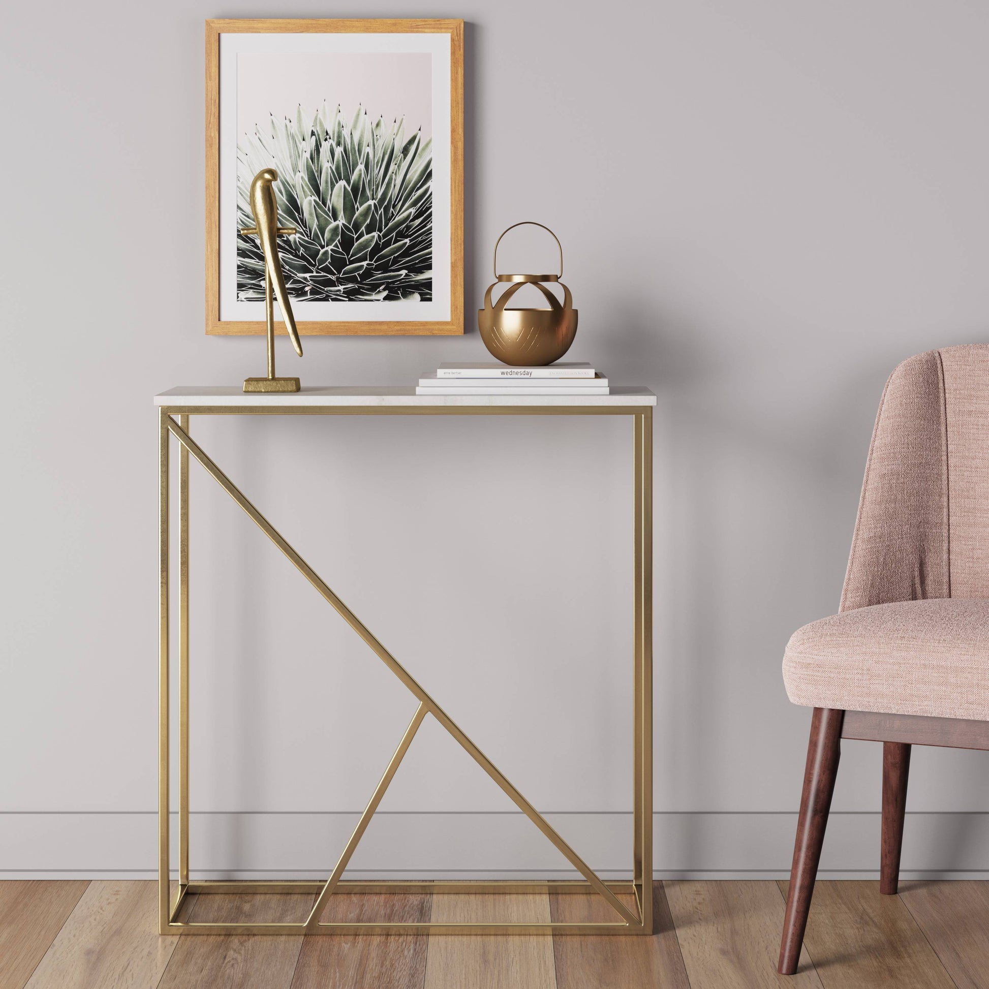 Modern Luxury White Marble Console Table with Gold Brass Frame for Entryway