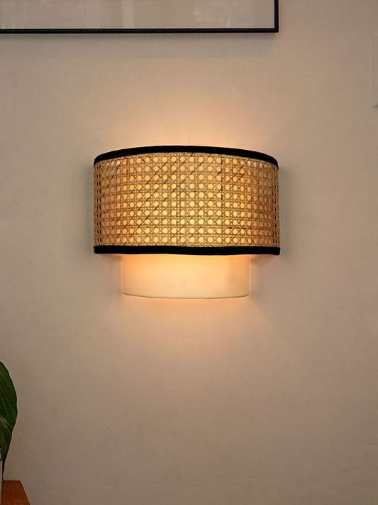 Handwoven Cane Fabric Half Drum Wall Sconce Lamp for Modern Home Decor
