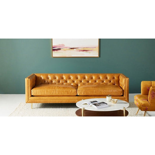 Mina Premium Leather Two-Cushion Sofa – Yellow Verman Finish