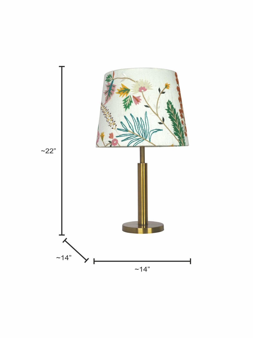 Transitional Brushed Brass Metal Table Lamp: Botanical Embroidered White Fabric Shade