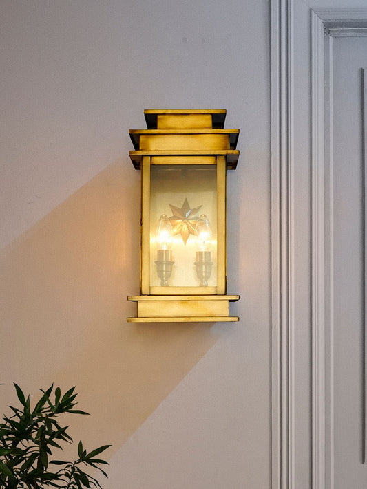 Elegant Antique Brass Art Deco Star Rectangular Wall Sconce with Glass Panels