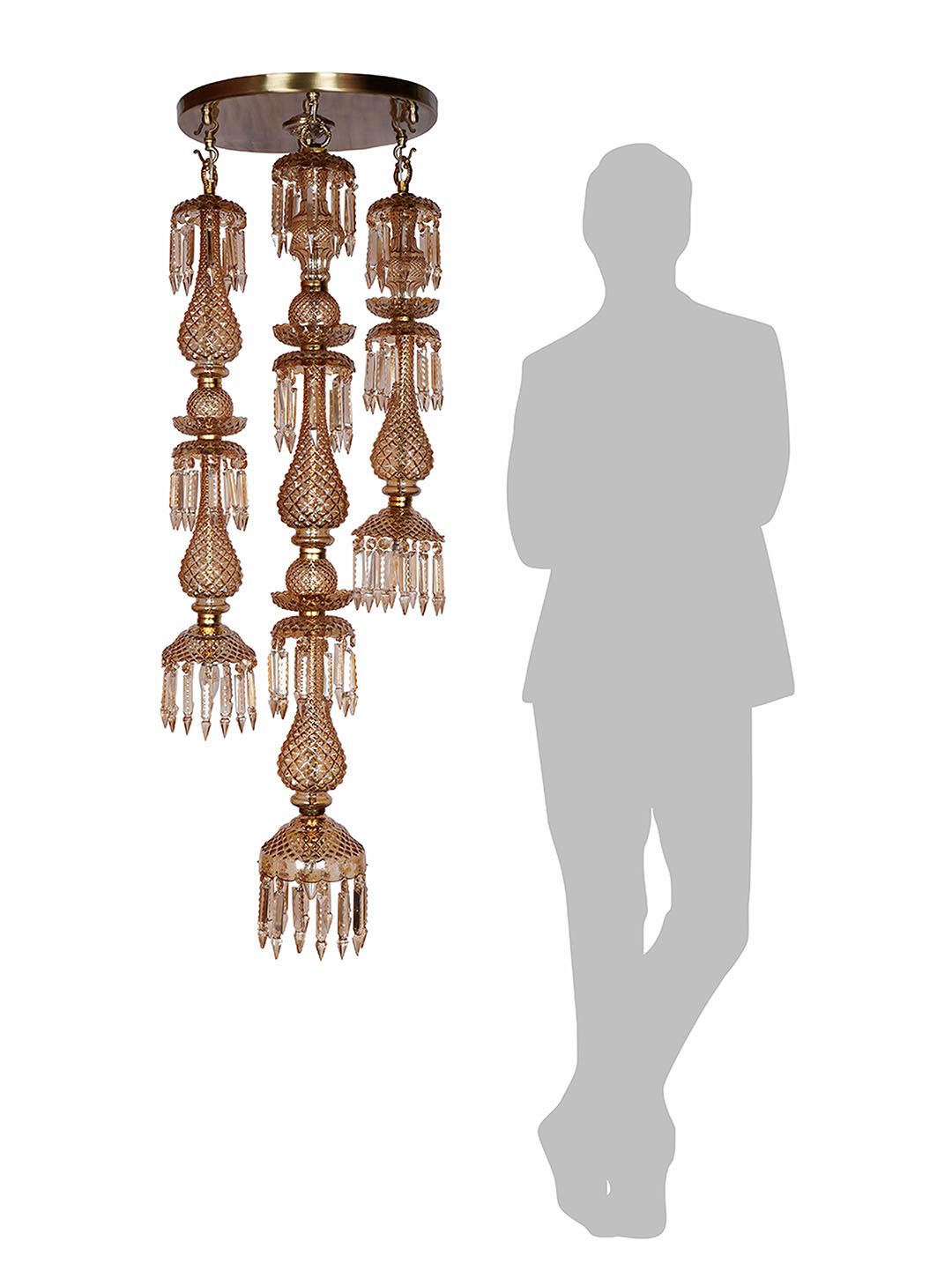 Elegant Golden Luster Glass 3-Light Cascading Crystal Multi-Pendant Chandelier