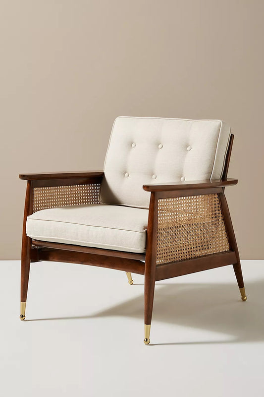 Elegant Modern Danish Accent Chair: Walnut Wood, Cane Back, Linen/Velvet Upholstery