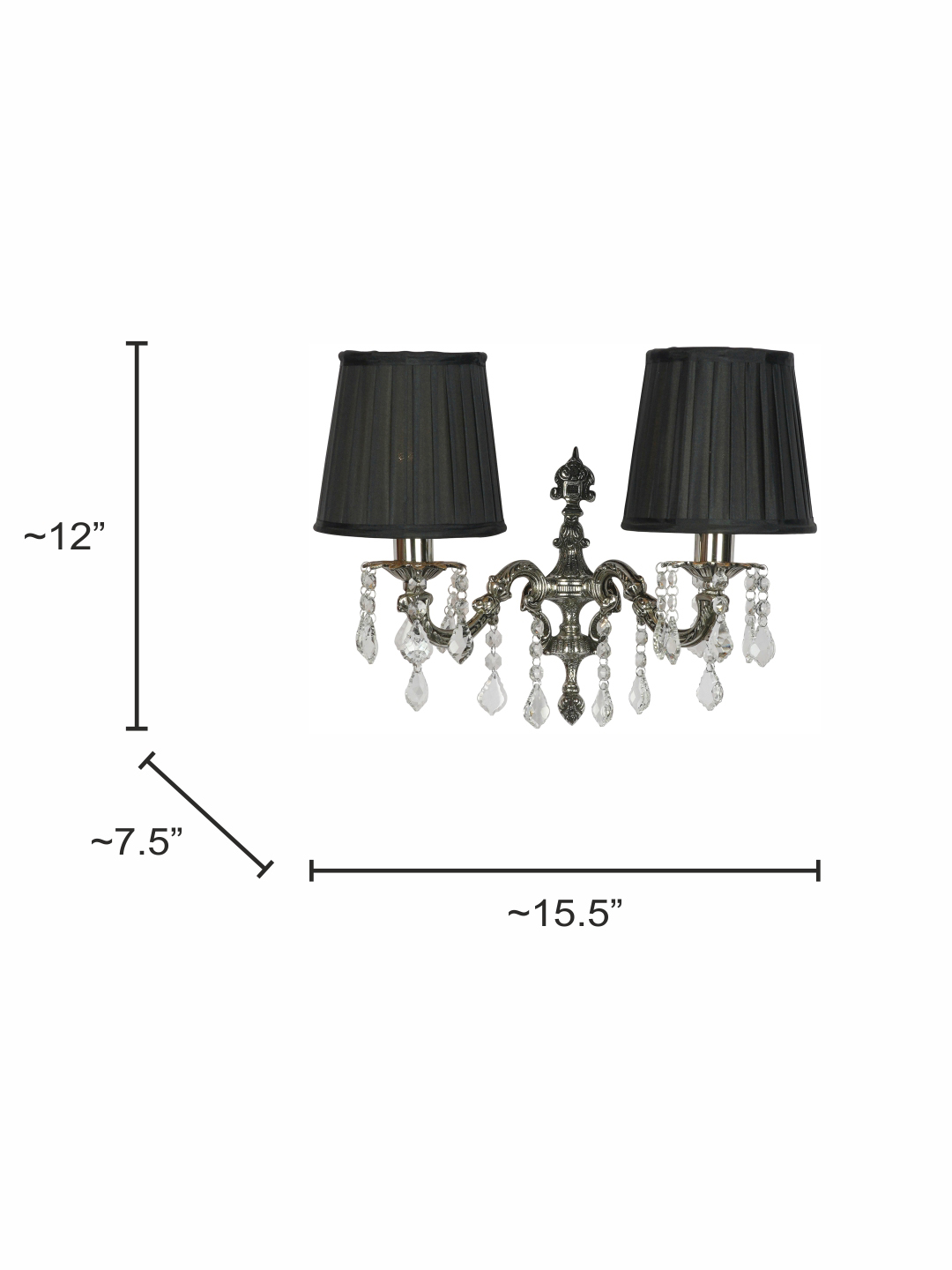Luxury Cast Brass Crystal Double Wall Sconce with Pleated Black Shades