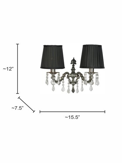 Luxury Cast Brass Crystal Double Wall Sconce with Pleated Black Shades