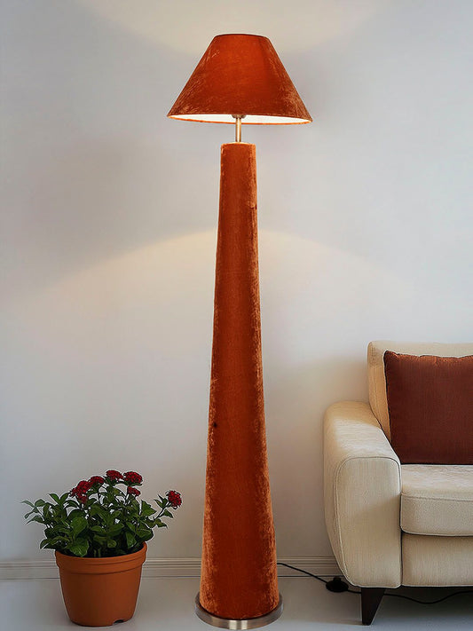 Modern Orange Velvet Conical Floor Lamp with Tapered Shade for Living Room