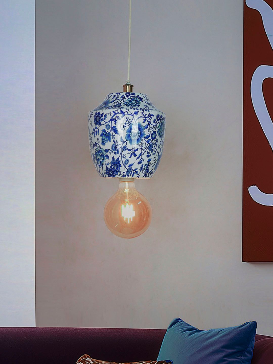 Elegant Chinoiserie Blue White Floral Metal Jar Pendant Light for Home Decor