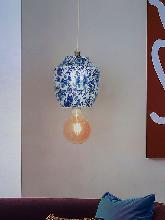 Elegant Chinoiserie Blue White Floral Metal Jar Pendant Light for Home Decor