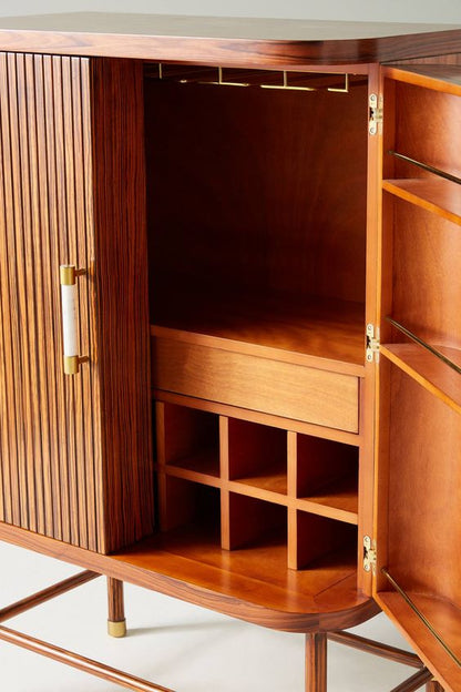Deluxe Mid-Century Wooden Bar Unit: Elegant Cabinet with Brass, Marble, Wine Storage