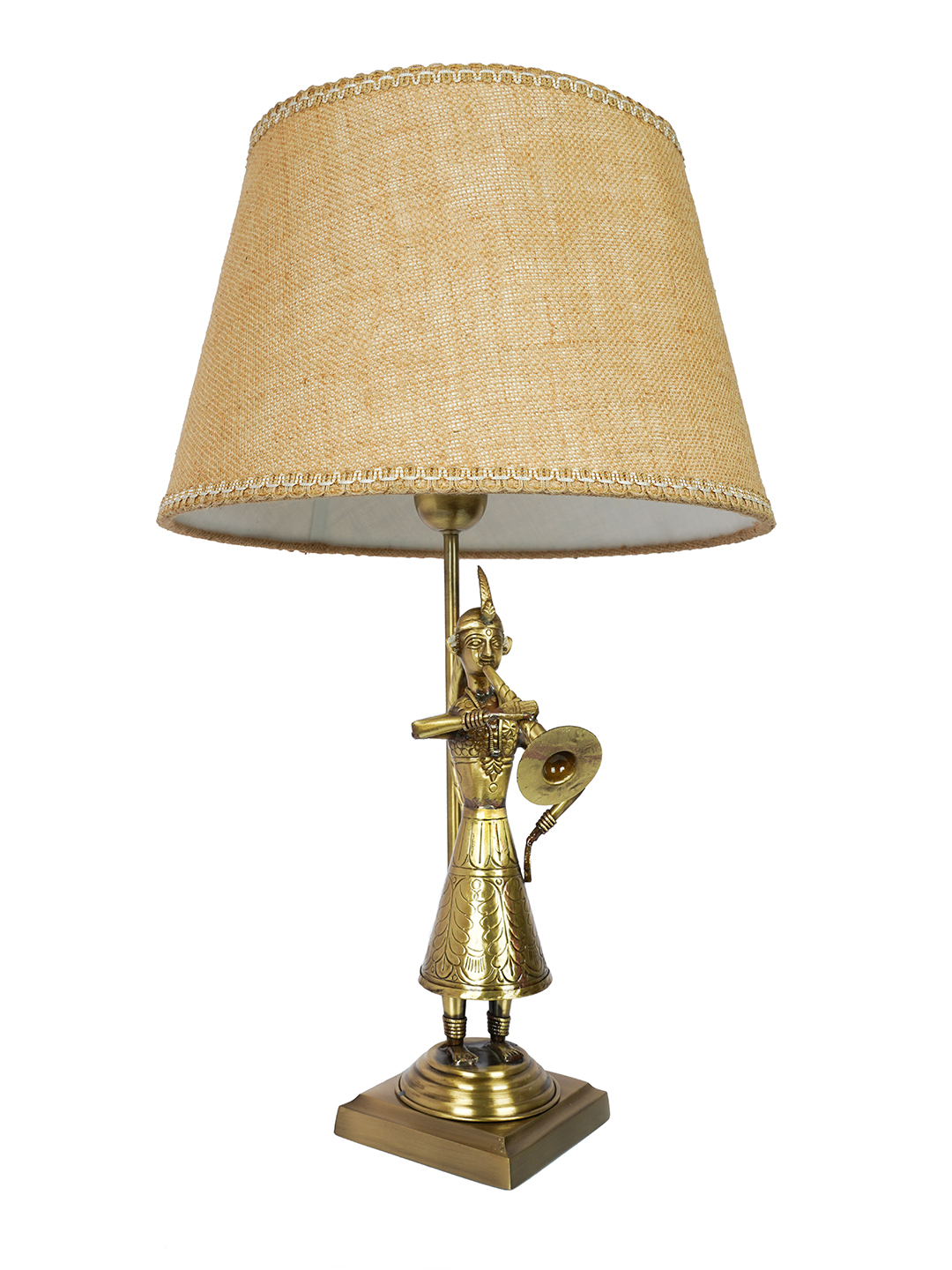 Exquisite Rajasthani Been Belle Brass Table Lamp, 14-Inch Tapered Jute Shade, Antique Finish