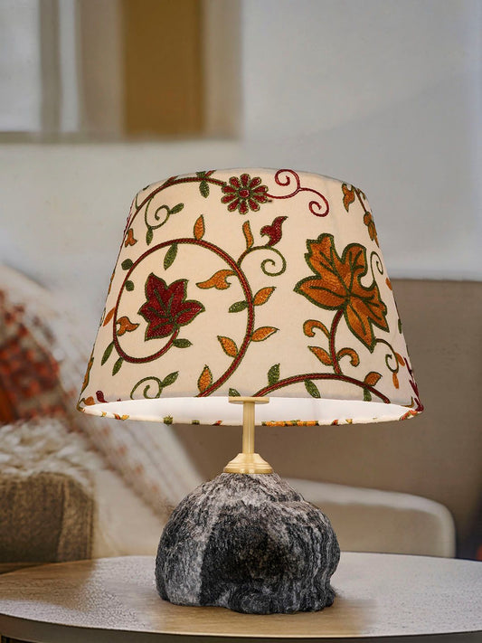 Exquisite Raw Black Marble Table Lamp with Intricate Kashmiri Embroidered Velvet Shade