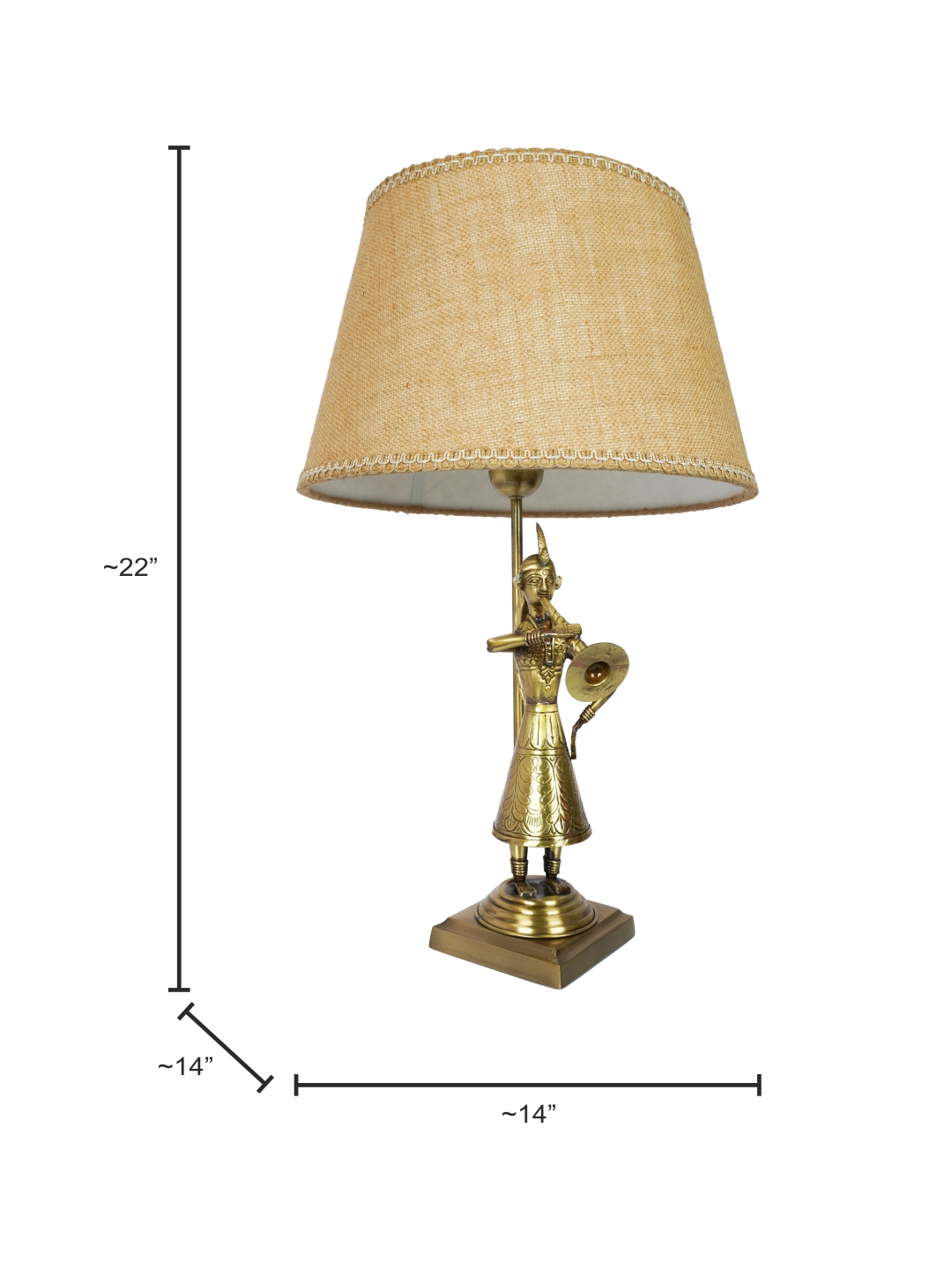 Exquisite Rajasthani Been Belle Brass Table Lamp, 14-Inch Tapered Jute Shade, Antique Finish