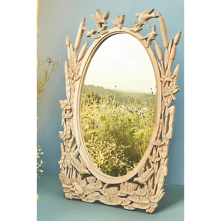Nature inspired hand carved mirror