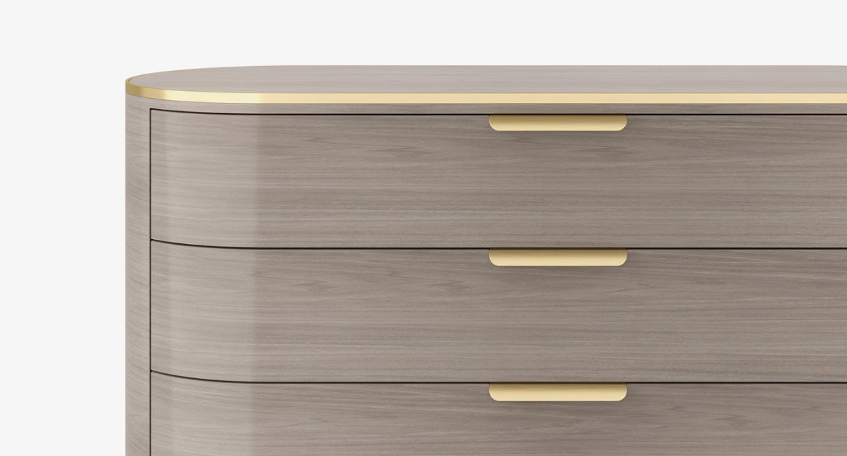 Elegant New York Curved High-Gloss Veneer Chest of 3 Drawers with Brass Accents
