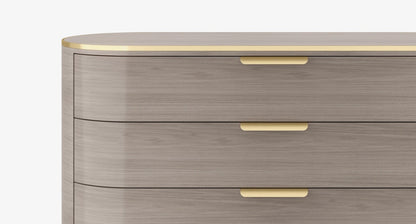 Elegant New York Curved High-Gloss Veneer Chest of 3 Drawers with Brass Accents