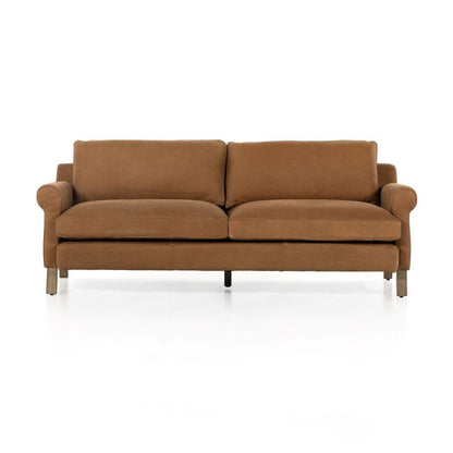 Camille Cushion Sofa Premium Camel Leather Solid Wood 3-Seater