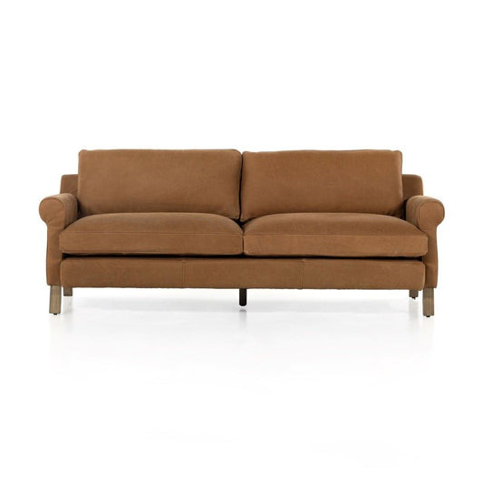 Camille Cushion Sofa Premium Camel Leather Solid Wood 3-Seater