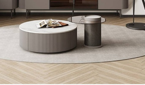 JLO Modern Coffee Table Set of 2: White Marble Top, Steel Legs, Wood Finish