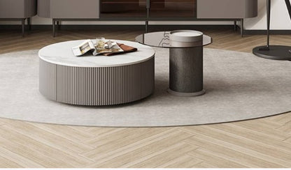 JLO Modern Coffee Table Set of 2: White Marble Top, Steel Legs, Wood Finish