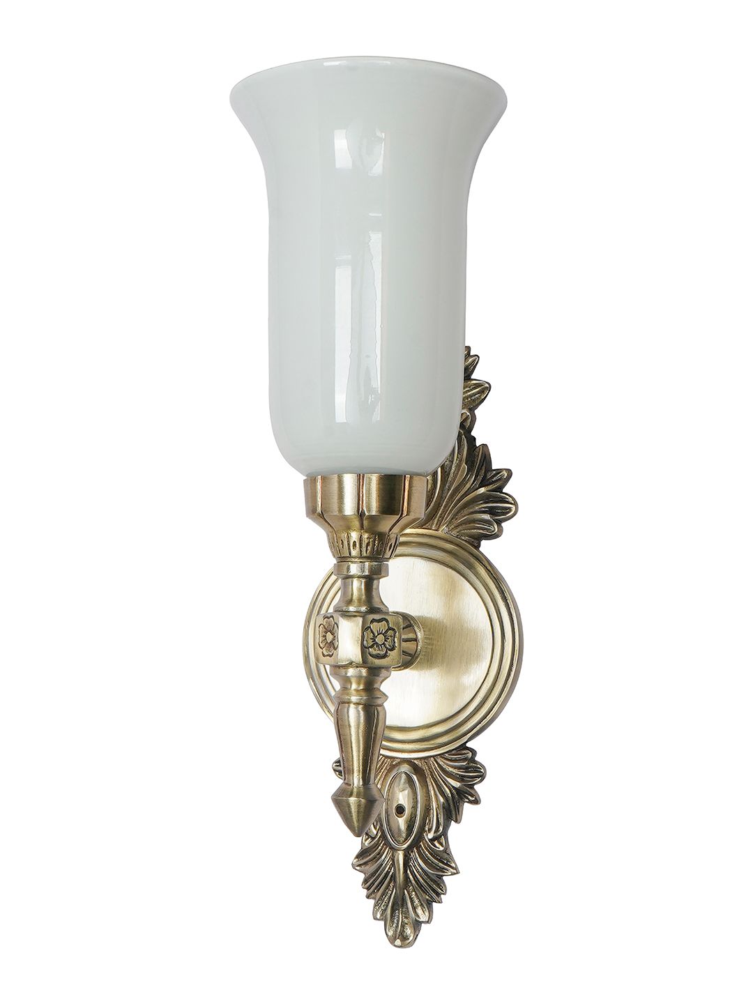 Traditional Antique Brass Aluminium Torch Wall Sconce, Milky White Glass Shade