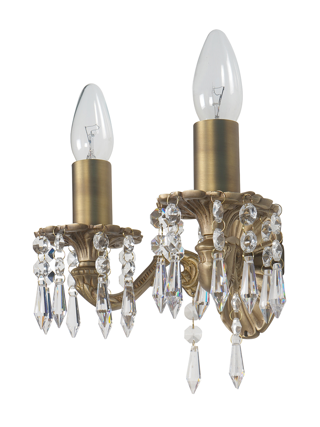 Elegant Double Brass Crystal Wall Sconce, Matt Finish, Classic Design Lighting