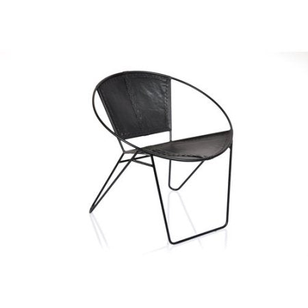 Chic Mid-Century Black Genuine Leather Papasan Chair with Metal Frame