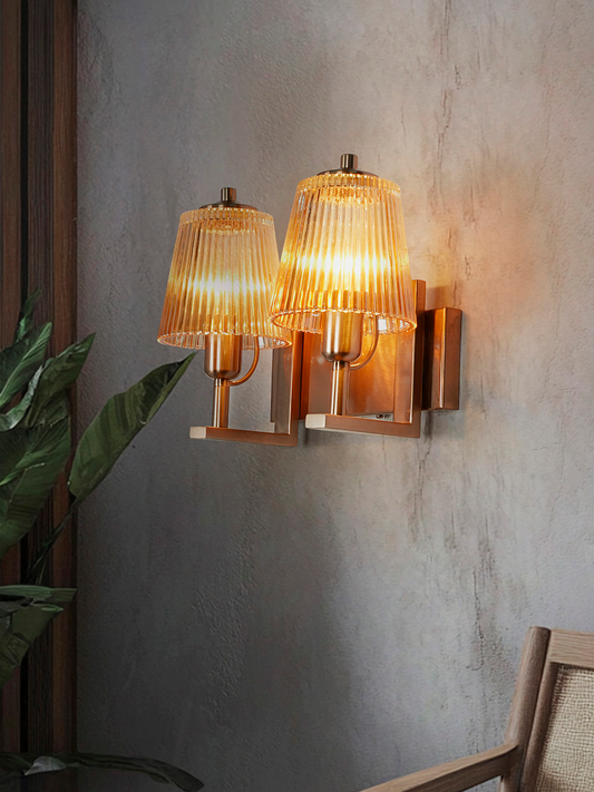 Elegant Modern Double Copper Ribbed Glass Wall Sconce for Stylish Home Lighting