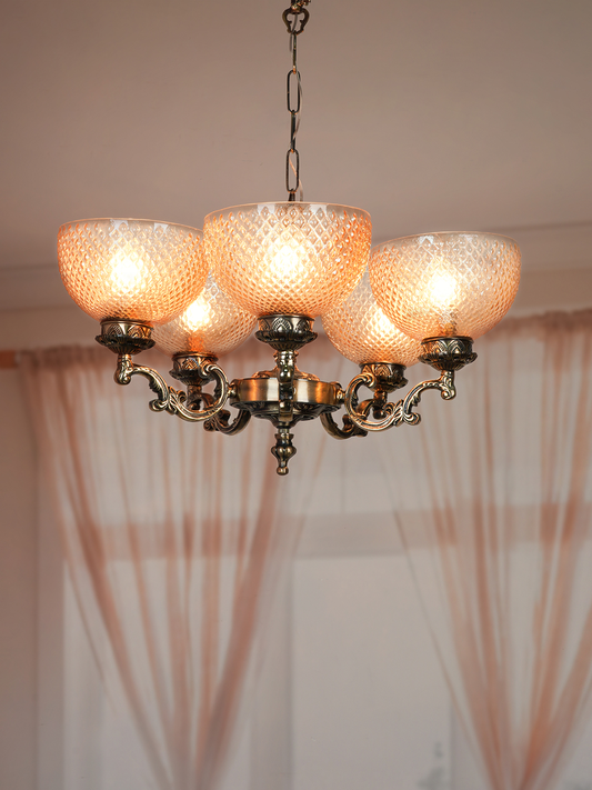 Traditional Ornate Aluminium 5-Light Chandelier with Golden Textured Glass Shades