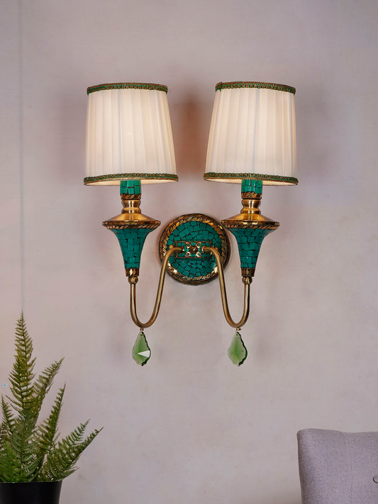 Handcrafted Tibetan Nepalese Double Funnel Wall Sconce, Green Stone, Pleated Shades